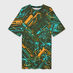 Женская длинная футболка Киберпанк линии оранжевые и голубые