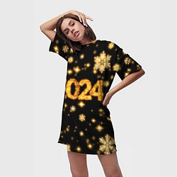 Футболка женская длинная Новый 2024 год - золотые снежинки, цвет: 3D-принт — фото 2