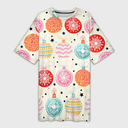 Футболка женская длинная Разноцветные новогодние шары, цвет: 3D-принт