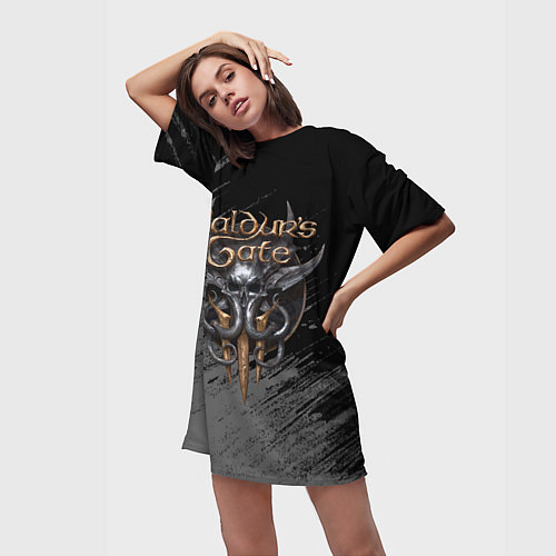 Женская длинная футболка Балудрс гейт лого - черно-белый / 3D-принт – фото 3