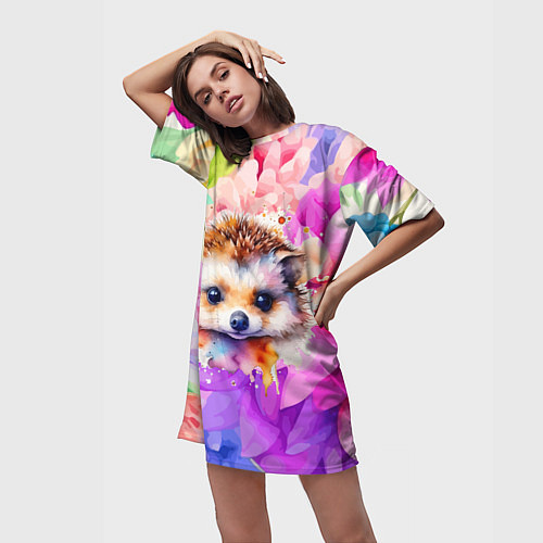 Женская длинная футболка Ежик в цветах / 3D-принт – фото 3