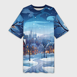 Футболка женская длинная Новогодний город, цвет: 3D-принт