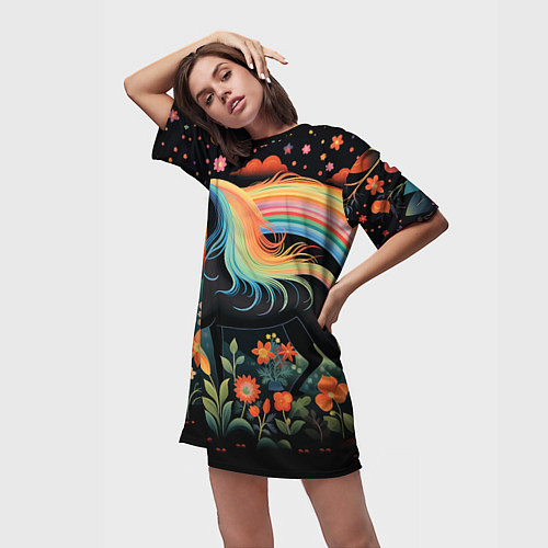 Женская длинная футболка Лошадка с радужной гривой в стиле фолк-арт / 3D-принт – фото 3