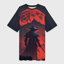 Футболка женская длинная Samurai and red moon - нейросеть, цвет: 3D-принт
