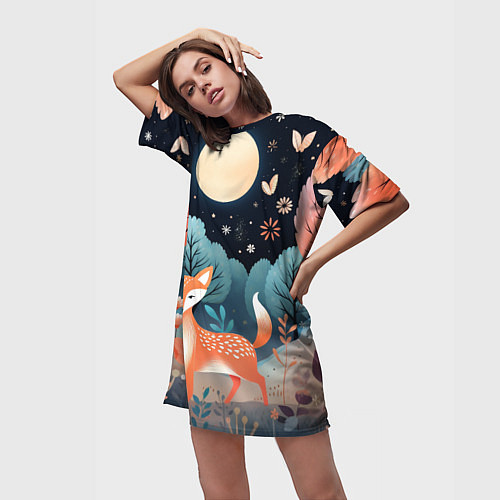Женская длинная футболка Лисичка в осеннем лесу фолк-арт / 3D-принт – фото 3