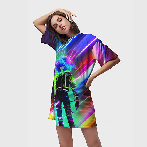 Женская длинная футболка Неоновая девчонка - аниме - нейросеть / 3D-принт – фото 3