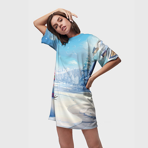 Женская длинная футболка Новогодний пейзаж снеговик / 3D-принт – фото 3