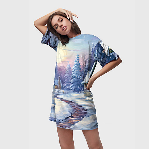 Женская длинная футболка Тропинка к новогоднему дому / 3D-принт – фото 3