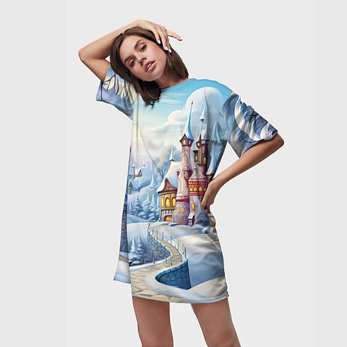 Женская длинная футболка Новогодний городок / 3D-принт – фото 3