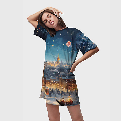 Женская длинная футболка Ночной новогодний город / 3D-принт – фото 3