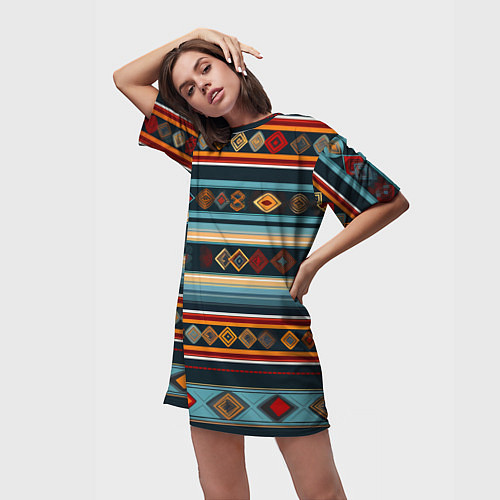 Женская длинная футболка Этнический орнамент в горизонтальную полоску / 3D-принт – фото 3