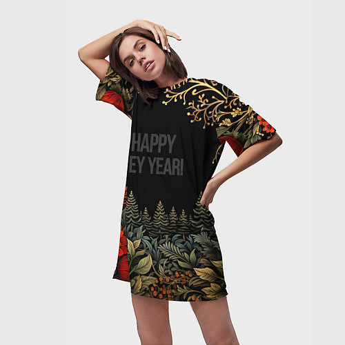 Женская длинная футболка Happy new year black style / 3D-принт – фото 3