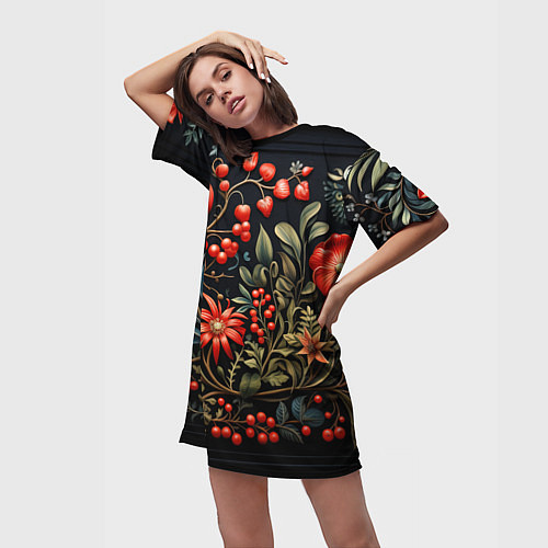 Женская длинная футболка Новогодние ягоды и цветы / 3D-принт – фото 3
