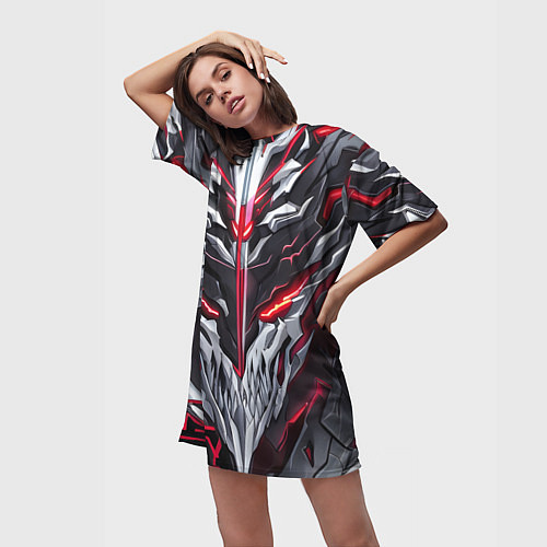 Женская длинная футболка Красный неоновый кибер демон / 3D-принт – фото 3