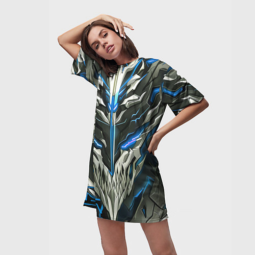 Женская длинная футболка Синий неоновый кибер демон / 3D-принт – фото 3