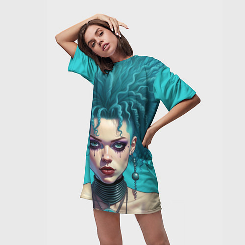 Женская длинная футболка Девушка панк с синими волосами / 3D-принт – фото 3