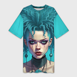 Футболка женская длинная Девушка панк с синими волосами, цвет: 3D-принт