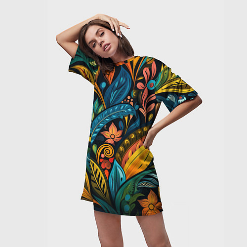 Женская длинная футболка Растительный узор в бразильском стиле / 3D-принт – фото 3