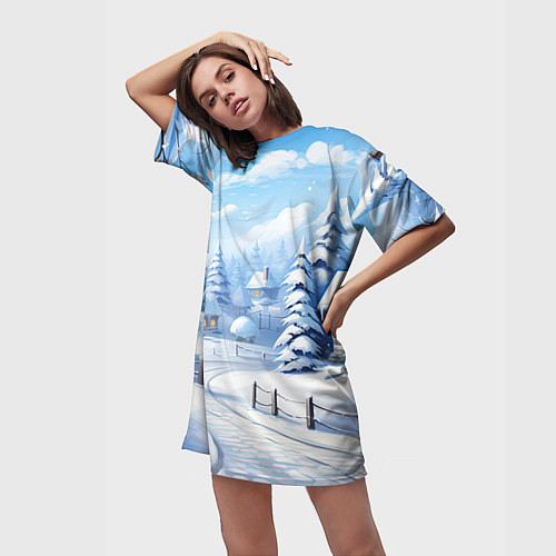 Женская длинная футболка Снежный зимний фон / 3D-принт – фото 3