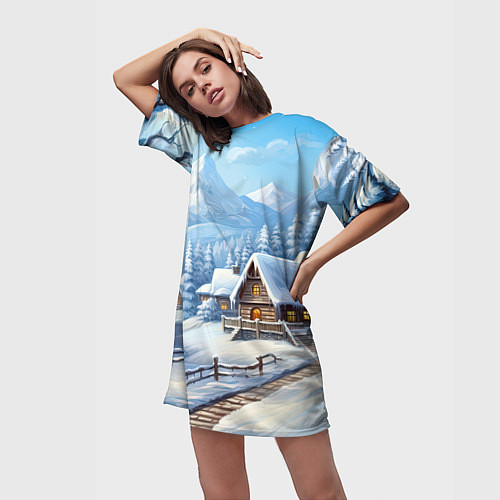 Женская длинная футболка Новогодняя зимняя деревня / 3D-принт – фото 3