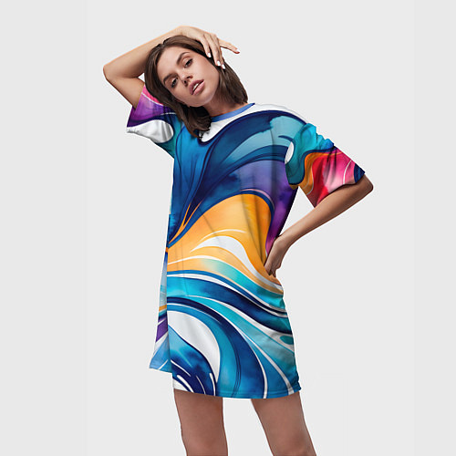 Женская длинная футболка Линейная красочная абстракция / 3D-принт – фото 3