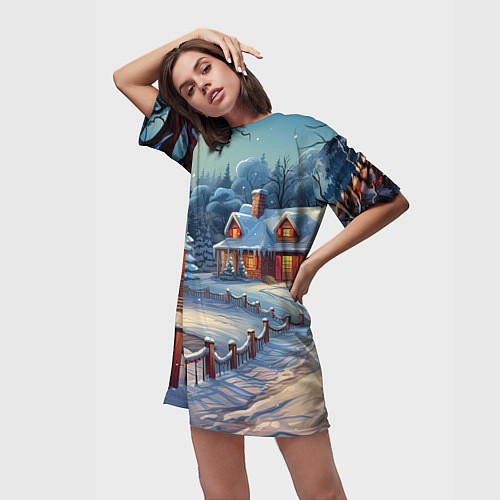 Женская длинная футболка Новогодний дом ночь / 3D-принт – фото 3