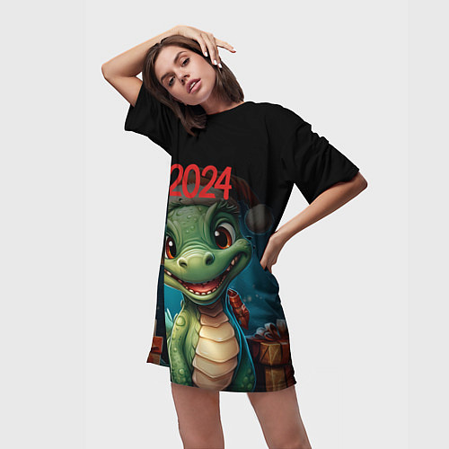 Женская длинная футболка 2024 Зеленый дракон новый год / 3D-принт – фото 3