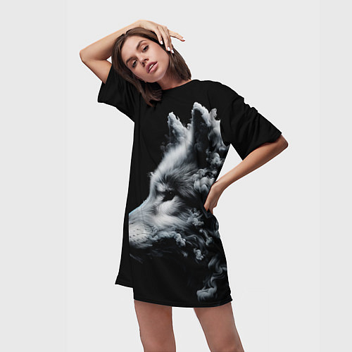 Женская длинная футболка Дымный волк / 3D-принт – фото 3