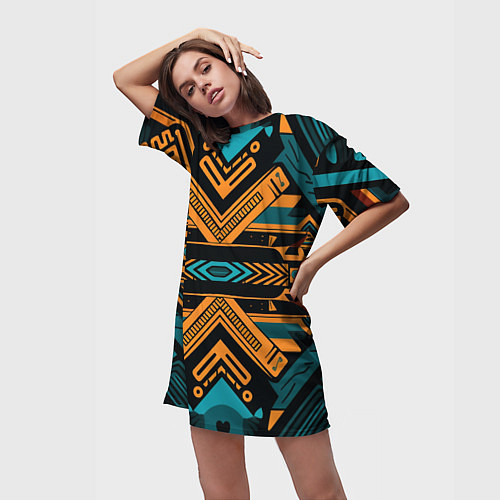 Женская длинная футболка Геометрический узор в стиле ацтеков / 3D-принт – фото 3