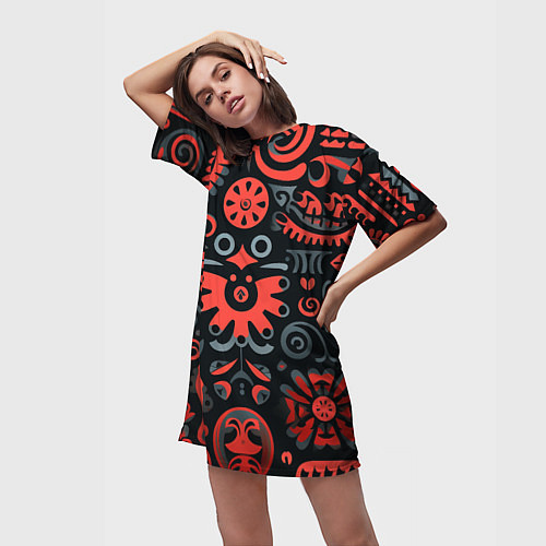 Женская длинная футболка Красно-черный узор в славянском стиле / 3D-принт – фото 3