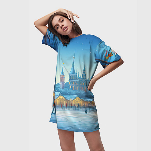 Женская длинная футболка Новогодний вечерний город / 3D-принт – фото 3