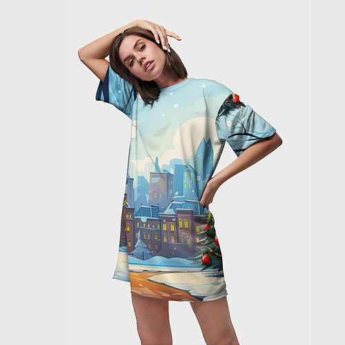 Женская длинная футболка Новогодний город / 3D-принт – фото 3