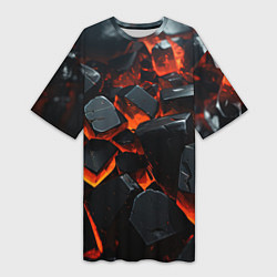 Футболка женская длинная Черные камни с красным свечением, цвет: 3D-принт