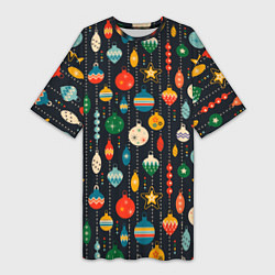 Футболка женская длинная Новогодние ёлочные игрушки на черном фоне, цвет: 3D-принт