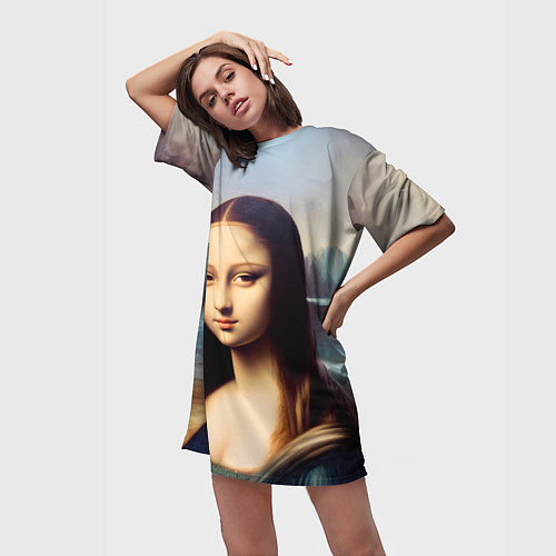 Женская длинная футболка Нейросеть - азиатская Мона Лиза / 3D-принт – фото 3