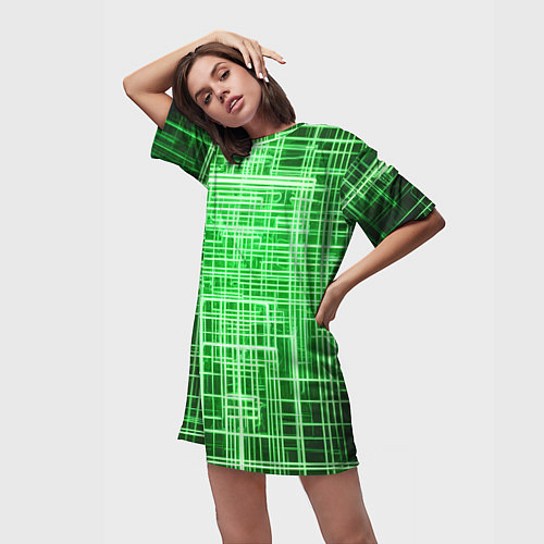 Женская длинная футболка Зелёные неоновые полосы киберпанк / 3D-принт – фото 3
