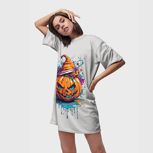 Женская длинная футболка Хэллоуинская тыква в красках / 3D-принт – фото 3