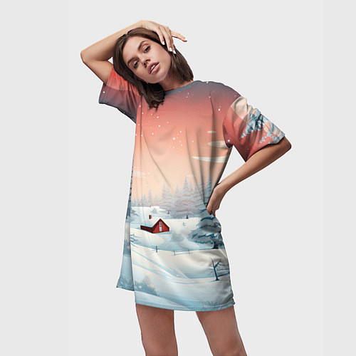 Женская длинная футболка Погружение в зимнюю атмосферу / 3D-принт – фото 3