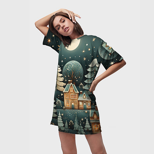 Женская длинная футболка Снежная деревня в праздничном наряде / 3D-принт – фото 3