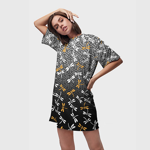 Женская длинная футболка Стрекозы поверх графики / 3D-принт – фото 3