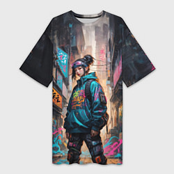 Футболка женская длинная Японская девушка в худи, цвет: 3D-принт