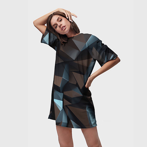 Женская длинная футболка Черная геометрическая абстракция - объемные грани / 3D-принт – фото 3