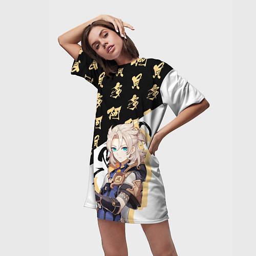 Женская длинная футболка Альбедо иероглифы - Геншин Импакт / 3D-принт – фото 3