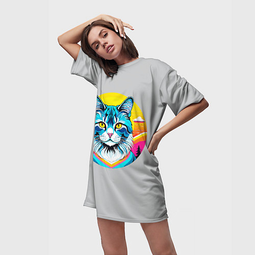 Женская длинная футболка Нейросеть - кот в стиле граффити / 3D-принт – фото 3