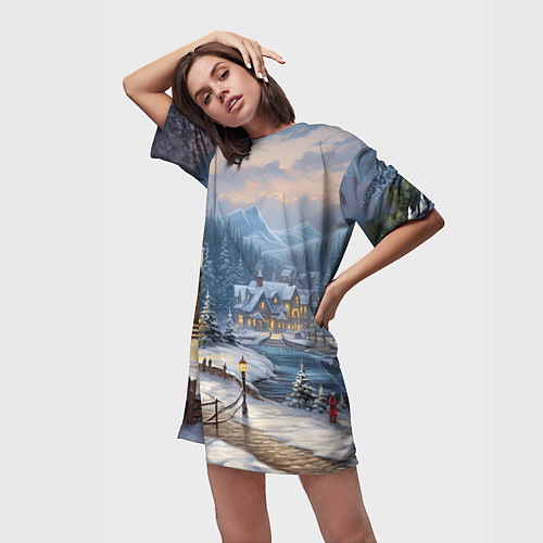 Женская длинная футболка Оазис тепла и уюта в холодном зимнем мире / 3D-принт – фото 3
