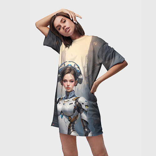 Женская длинная футболка Девушка в футуристичной тиаре / 3D-принт – фото 3