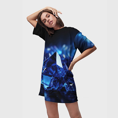 Женская длинная футболка Синие прозрачные алмазы / 3D-принт – фото 3