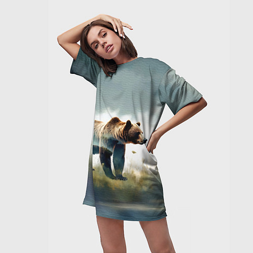 Женская длинная футболка Минималистичный пейзаж с медведем акварель / 3D-принт – фото 3