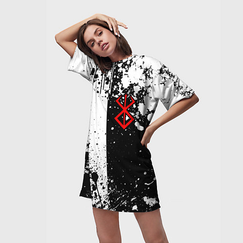 Женская длинная футболка Берсерк знак жертвы - черно-белые брызги / 3D-принт – фото 3