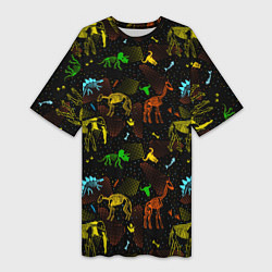 Футболка женская длинная Скелеты динозавров неон, цвет: 3D-принт